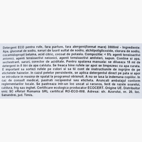 Detergent de rufe lichid bio, fără parfum, 3l 	