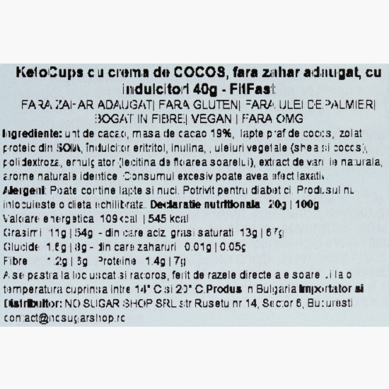 Cupe de ciocolată vegană, cu cremă de cocos, fără zahăr și fără gluten, KetoCups, 2x20g