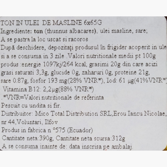 Ton în ulei de măsline 6x65g