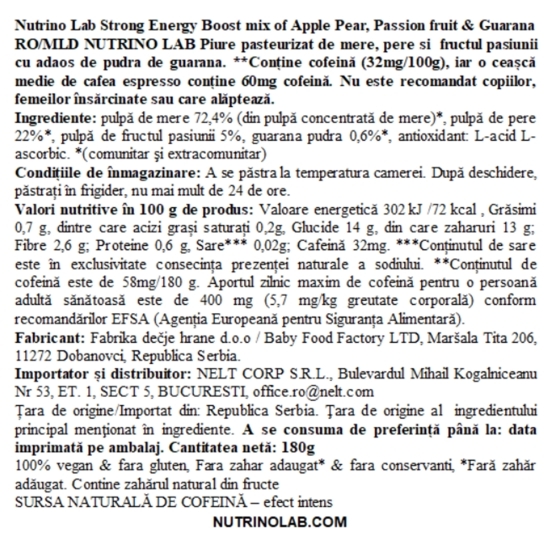 Piure cu măr, pară, fructul pasiunii & guarana Strong Energy Boost 180g