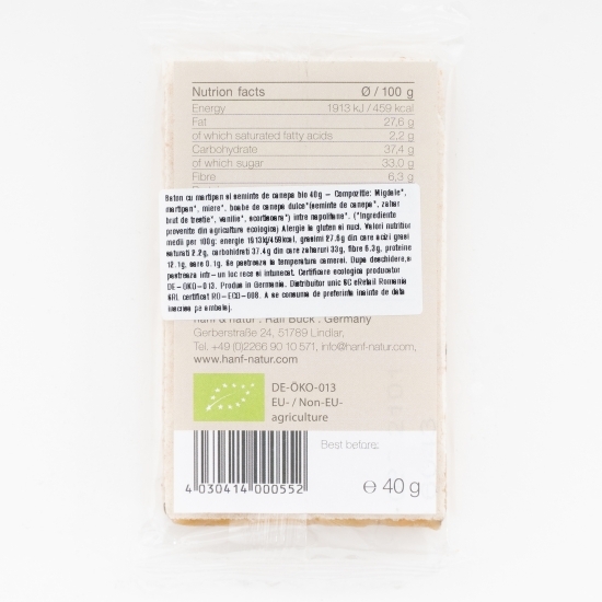 Baton cu marțipan și semințe de cânepă eco 40g