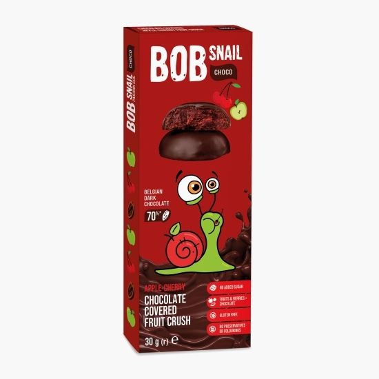 Dulciuri naturale fără zahăr din măr și cireșe trase în ciocolată neagră belgiană 30g