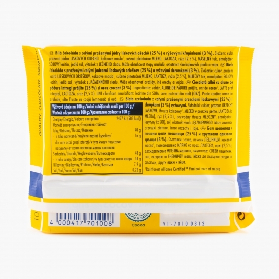 Ciocolată albă cu alune de pădure întregi prăjite și orez crocant 100g