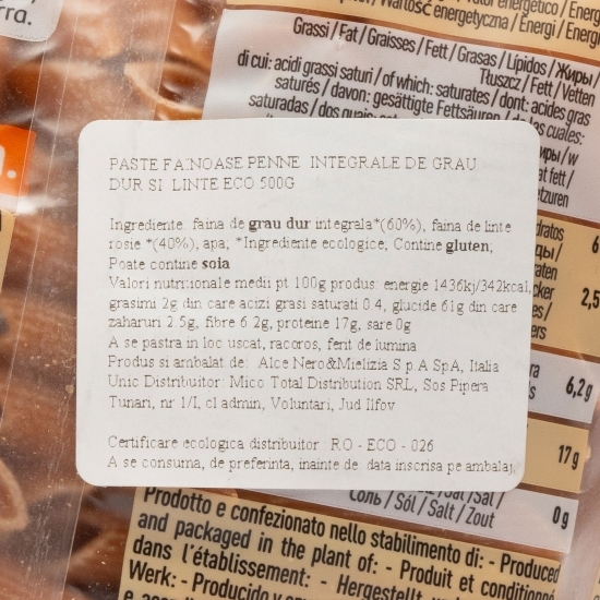 Paste Penne integrale din grâu dur și linte eco 500g