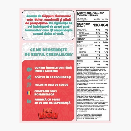 Cereale vegane cu aromă naturală de căpșuni, cu 30% proteină, fără zahăr, low carb, fără gluten 250g