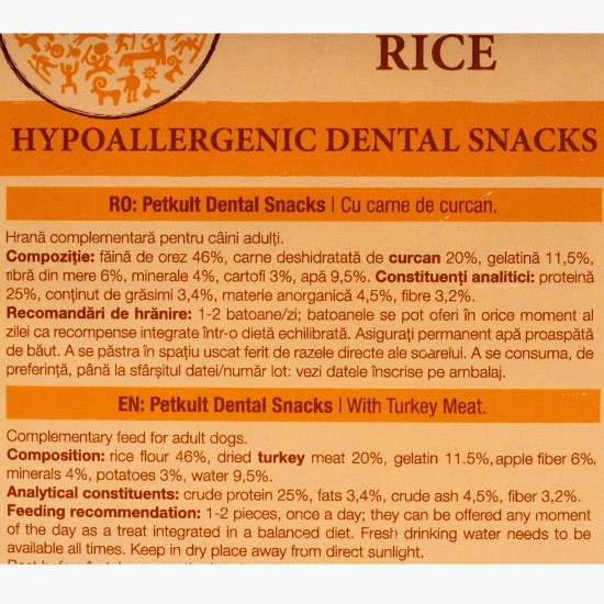 Hrană complementară pentru câini adulți Dental Snacks, cu curcan și orez, 21 buc