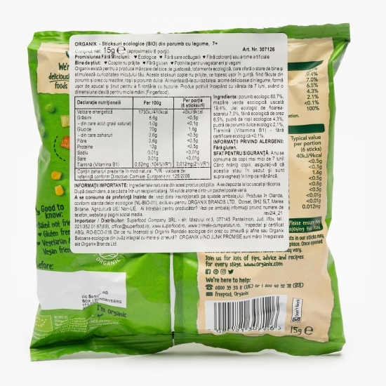 Sticksuri eco din porumb cu legume, 7+ luni, 15g
