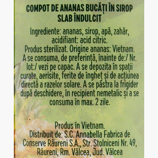 Compot de ananas bucăți în sirop slab îndulcit, conservă 565g