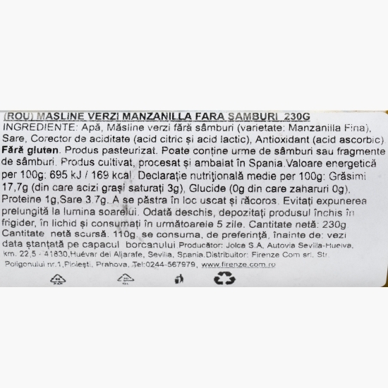 Măsline verzi fără sâmburi în saramură 230g