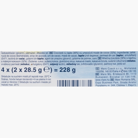Baton cu cocos învelit în ciocolată cu lapte, 4x57g, 228g