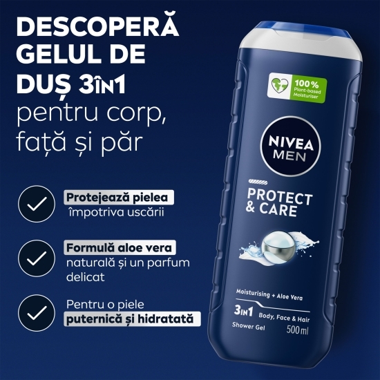 Gel de duș pentru bărbați Protect & Care 3în1, pentru corp, față și păr 0.5l