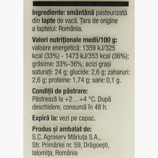 Smântână pentru gătit și pentru frișcă, 33-36% grăsime, 400g