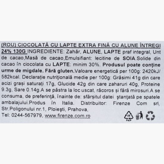 Ciocolată cu lapte extrafină, cu alune întregi 24% 130g