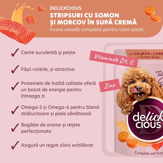 Hrană umedă pentru câini, cu somon și morcov în supă cremă, 85g