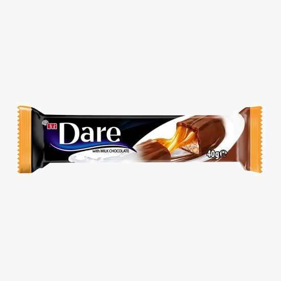 Baton cu glazură de ciocolată cu lapte și interior de nuga cu cacao, caramel și biscuiți 40g