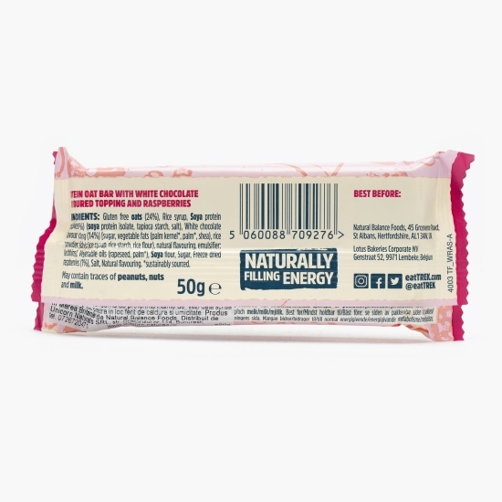 Baton din ovăz, cu ciocolată albă și zmeură, cu proteine, fără gluten 50g