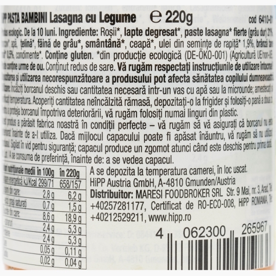 Lasagna eco vegetal, +10 luni, 220g