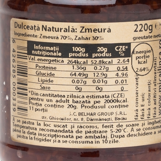 Dulceață naturală de zmeură 220g