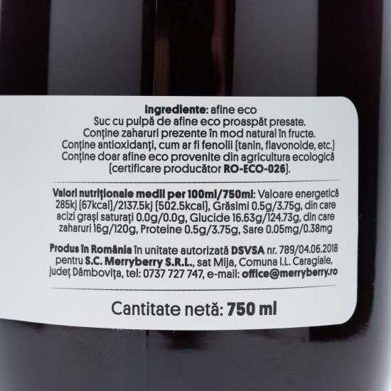 Suc de afine eco, fără zahăr adăugat 0.75l
