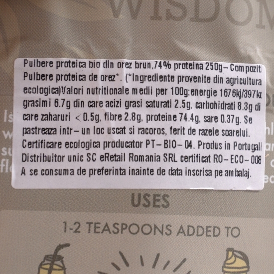 Pulbere proteică eco din orez brun 74% proteină 250g