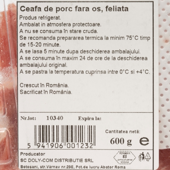 Ceafă de porc fără os, feliată 600g
