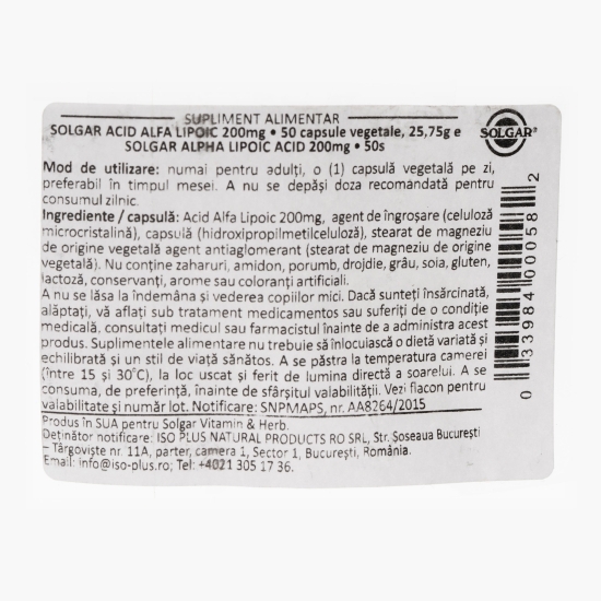 Acid Alfa-Lipoic 200mg, 50 capsule