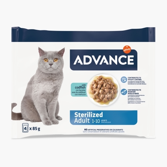 Hrană umedă pentru pisici sterilizate, cu cod, 4x85g