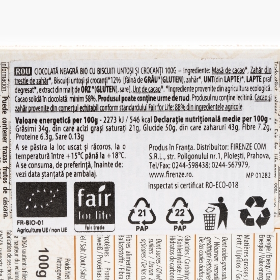 Ciocolată neagră eco cu biscuiți untoși și crocanți 100g