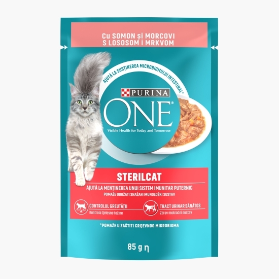 Hrană umedă pentru pisici sterilizate, 85g, One cu somon și morcovi