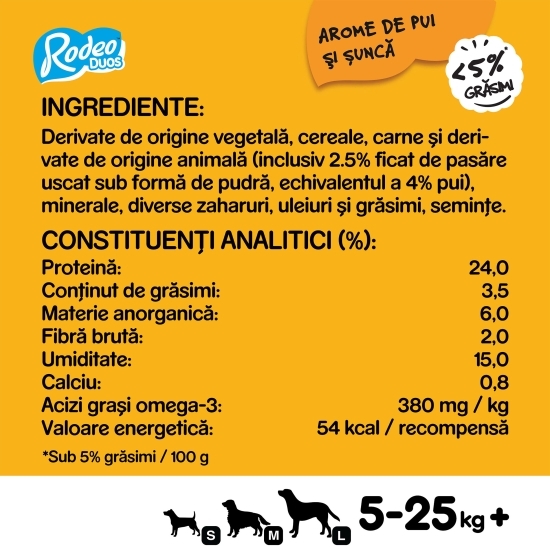 Recompense pentru câini adulți, 7 buc, 123g, Rodeo Duos cu aromă de pui și șuncă
