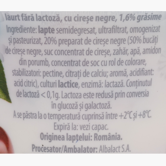 Iaurt cu cireșe negre, fără lactoză, 1.6% grăsime, 150g
