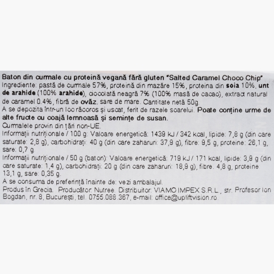 Baton proteic din curmale Salted Caramel Choco Chip, fără gluten, vegan, 50g
