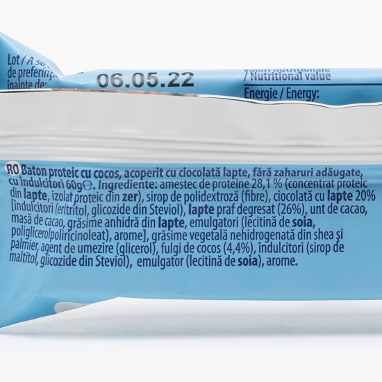 Baton proteic cu cocos și ciocolată fără zahăr adăugat, cu îndulcitor 60g