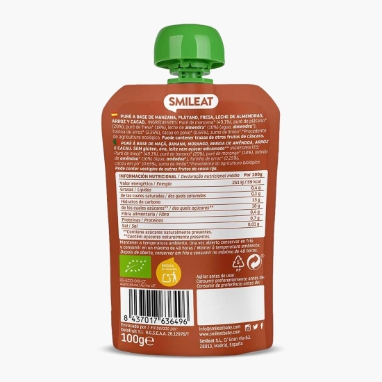 Piure eco din mere, banane, căpșuni, băutură de migdale și cacao, +9 luni, 100g