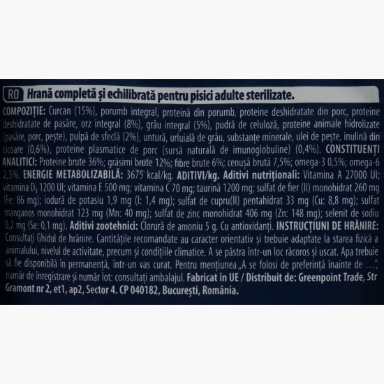 Hrană uscată pentru pisici sterilizate, cu curcan, Hairball, 1.5kg