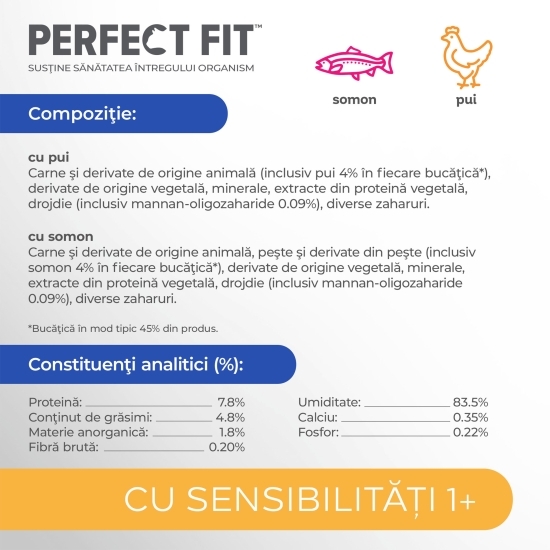 Hrană umedă pentru pisici sensibile adulte 4 x 85g, cu pui și somon în sos