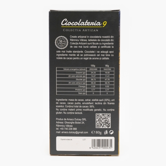 Ciocolată neagră 56% cacao, cu stafide aurii, 80g
