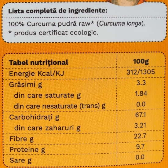 Curcuma, pulbere ecologică pură, 100g