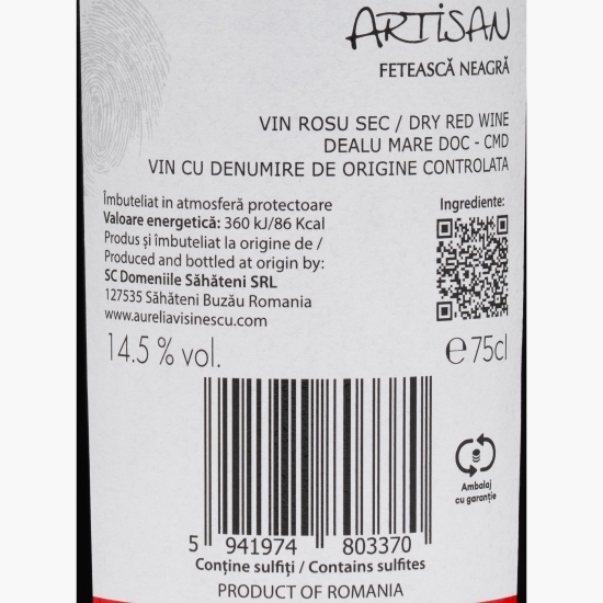 Vin roșu sec Fetească Neagră, 14.5%, 0.75l 