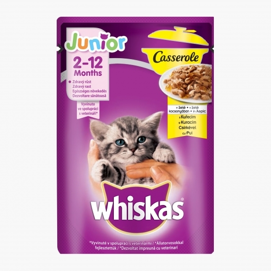 Hrană umedă pentru pisici junior, 85g, cu pui în aspic