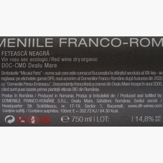 Vin roșu sec eco Fetească Neagră, 14.8%, 0.75l