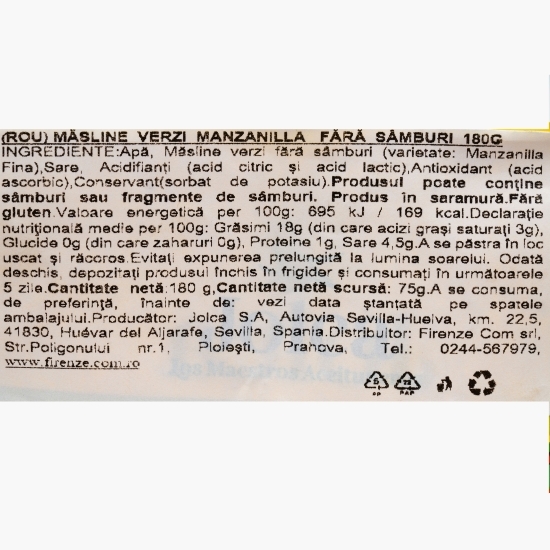 Măsline verzi Manzanilla fără sâmburi 180g