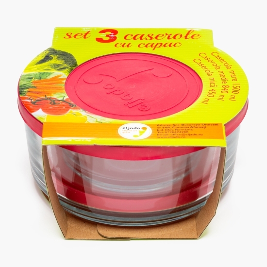 Set 3 caserole rotunde din sticlă, 450/840/1500ml