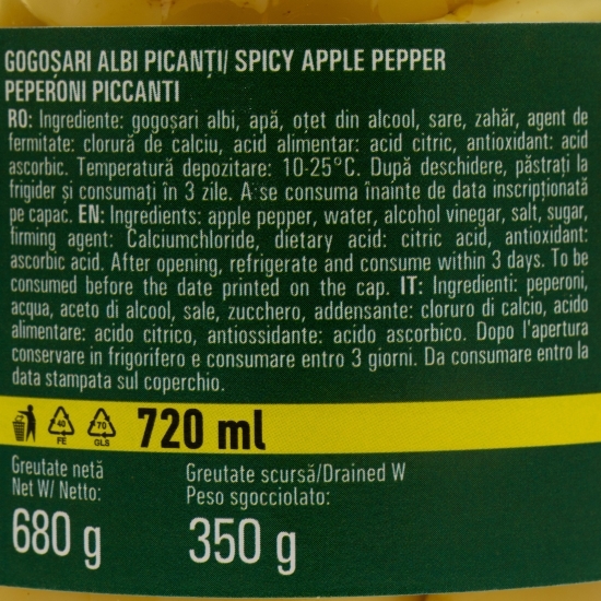 Gogoșari albi picanți în oțet 680g