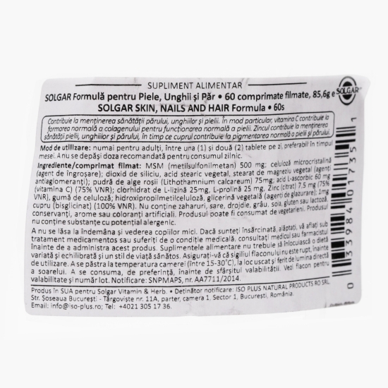 Formulă pentru piele, unghii și păr 60 comprimate filmate