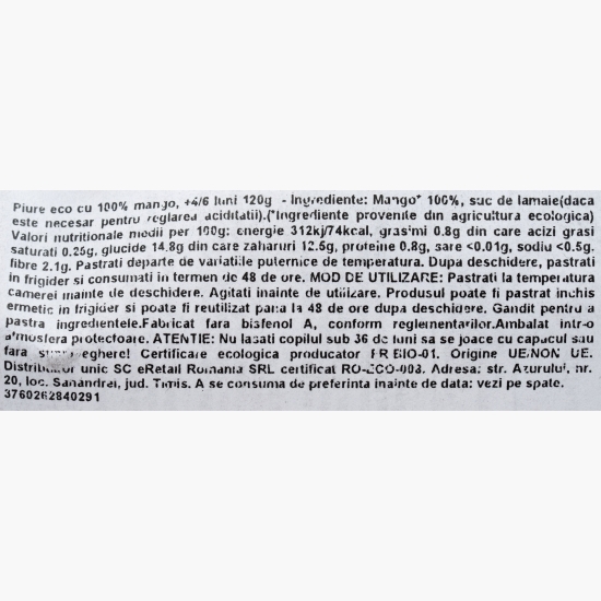 Piure eco cu 100% mango, +4/6 luni, 120g