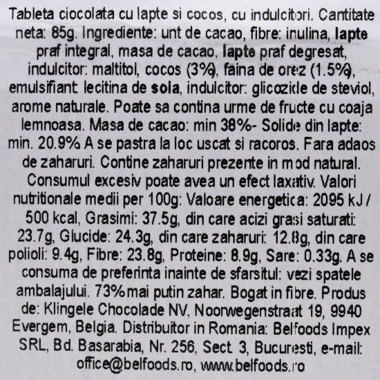 Ciocolată cu lapte cu cocos, fără zahăr adăugat 85g