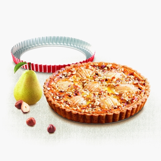 Tavă formă de copt Delibake, 28cm, bază detașabilă, înveliș antiaderent, argintiu/roșu
