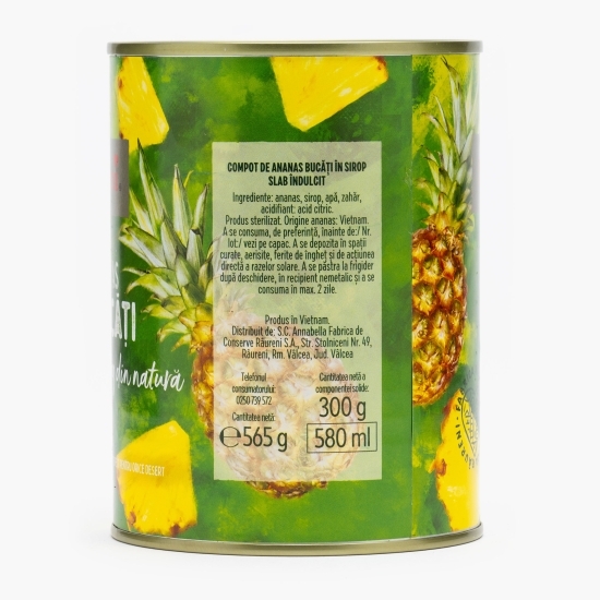 Compot de ananas bucăți în sirop slab îndulcit, conservă 565g