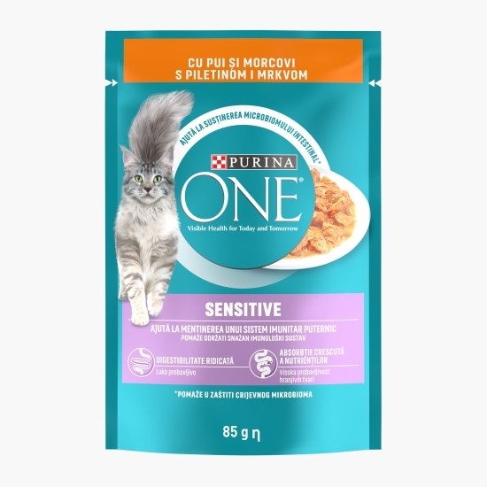 Hrană umedă pentru pisici, 85g, One Sensitive cu pui și morcov 